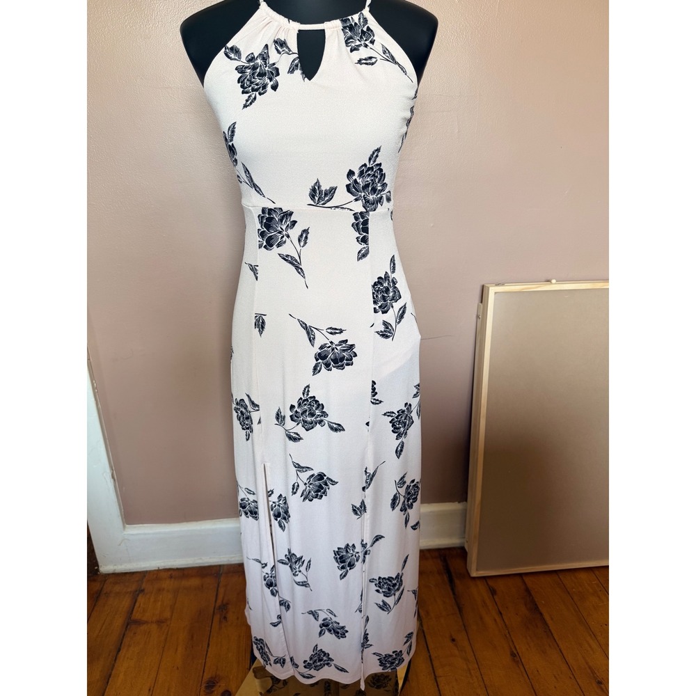 Candie's XS Pink Navy‎ Blue Floral Maxi Dress Halter Keyhole Slit Stretch Casual